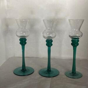 Vintage Candle Holder Hand Blown Glass Footed Candle Holder Blue/Green Base